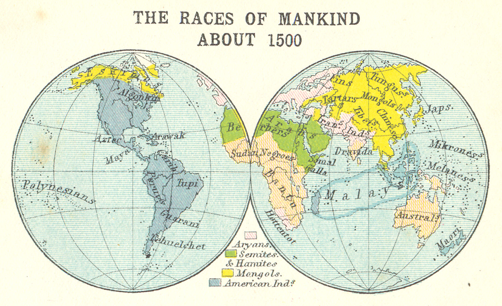 WORLD. The Races of Mankind about 1500; Small map 1912 old antique chart